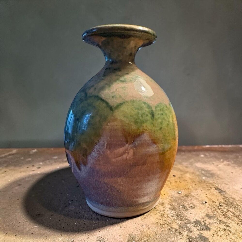 Signed Wells Handcrafted Ceramic Bud Vase, Green & Amber Multi-Color Glaze VTG